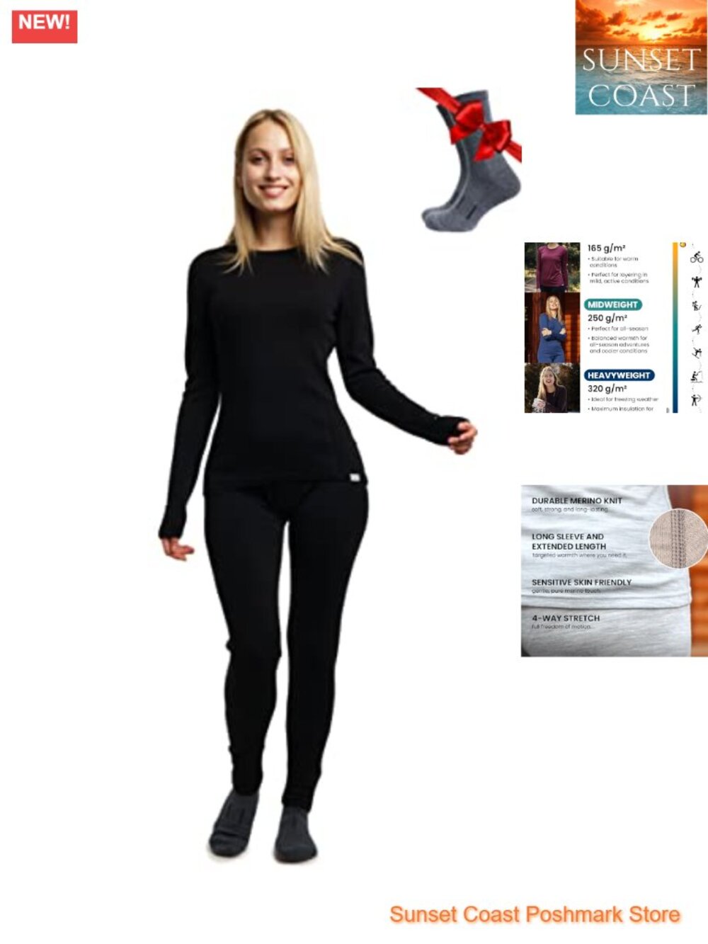 100% Merino Wool Base Layer Set Women Thermal Top Bottom